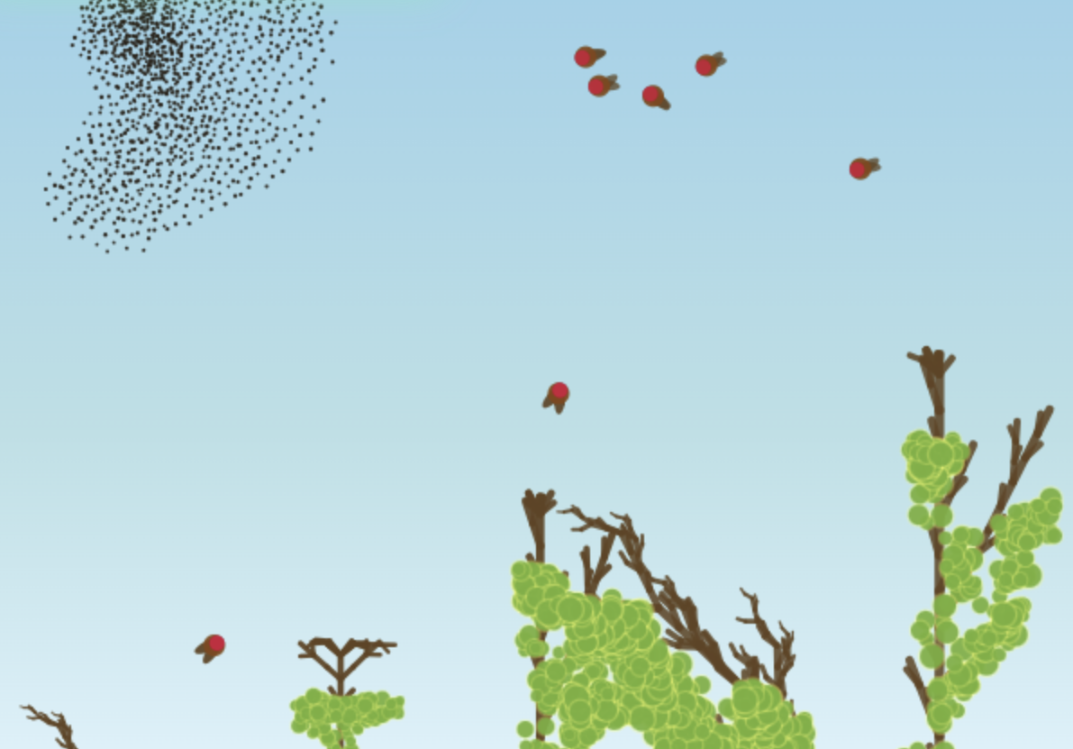 Bee swarm forming coherent patterns around flower letters